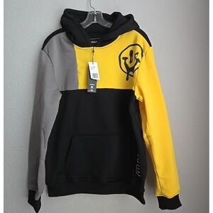Reason Clothing Mens Colorblock Smiley Face Hoodie Black Yellow Grey Size M